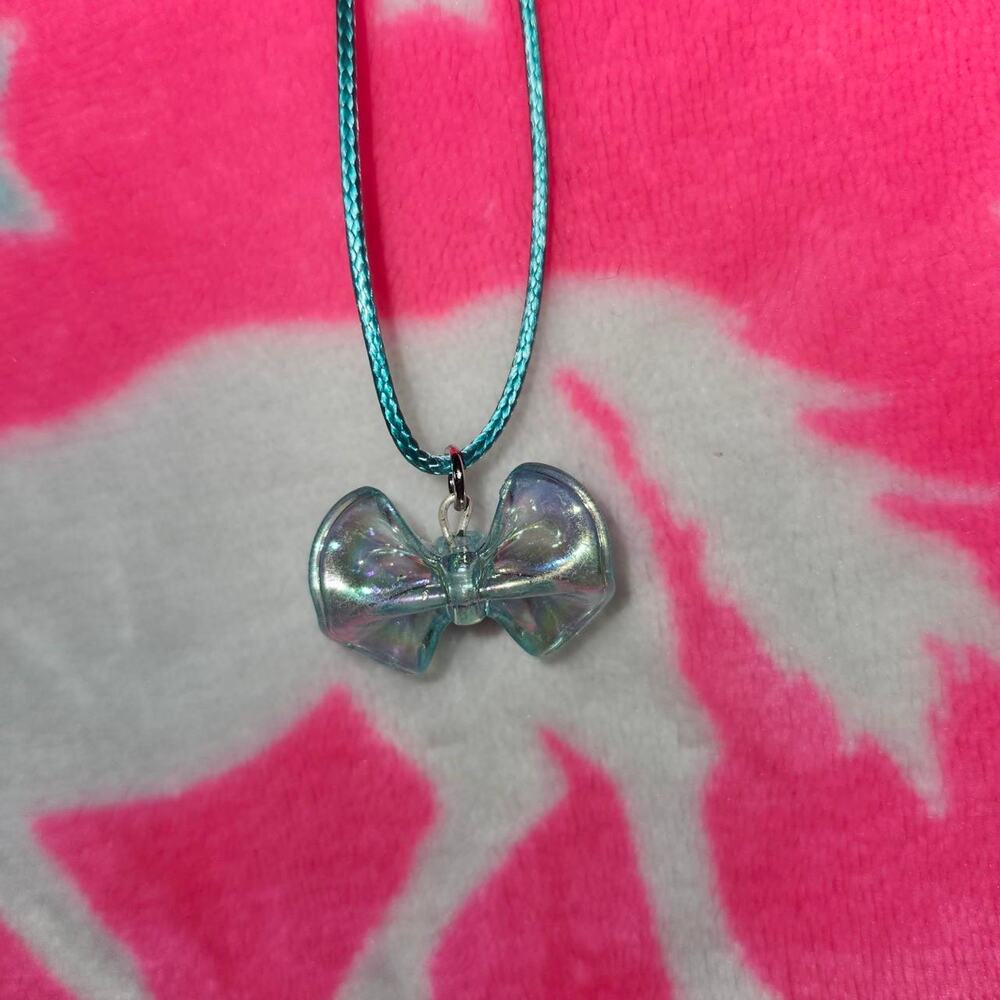 Shiny Blue Bow Adjustable Cord Necklace